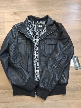 YMI Black Faux Leather Bomber Jacket with Leopard Lining